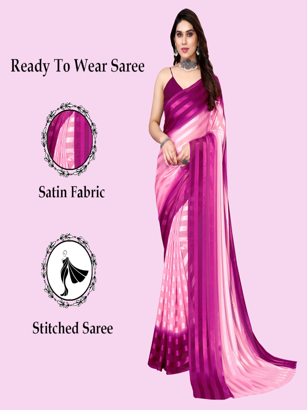 

ANAND SAREES Striped Satin Ready to Wear Saree, Purple