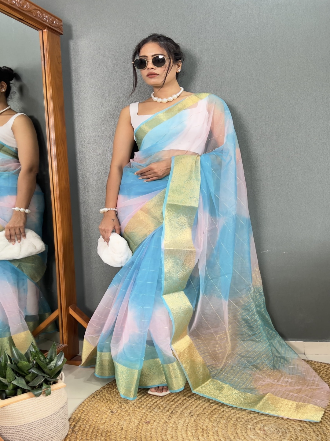 

V3 FASHION STUDIO Tie and Dye Zari Organza Leheriya Saree, Blue