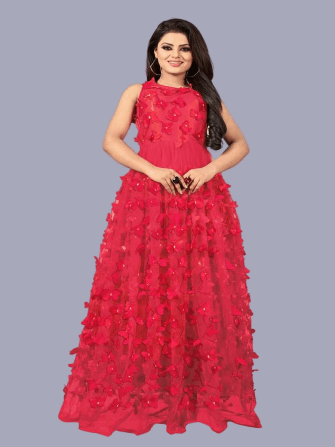 

Aika Floral Embroidered Applique Net Fit & Flare Maxi Dress, Red