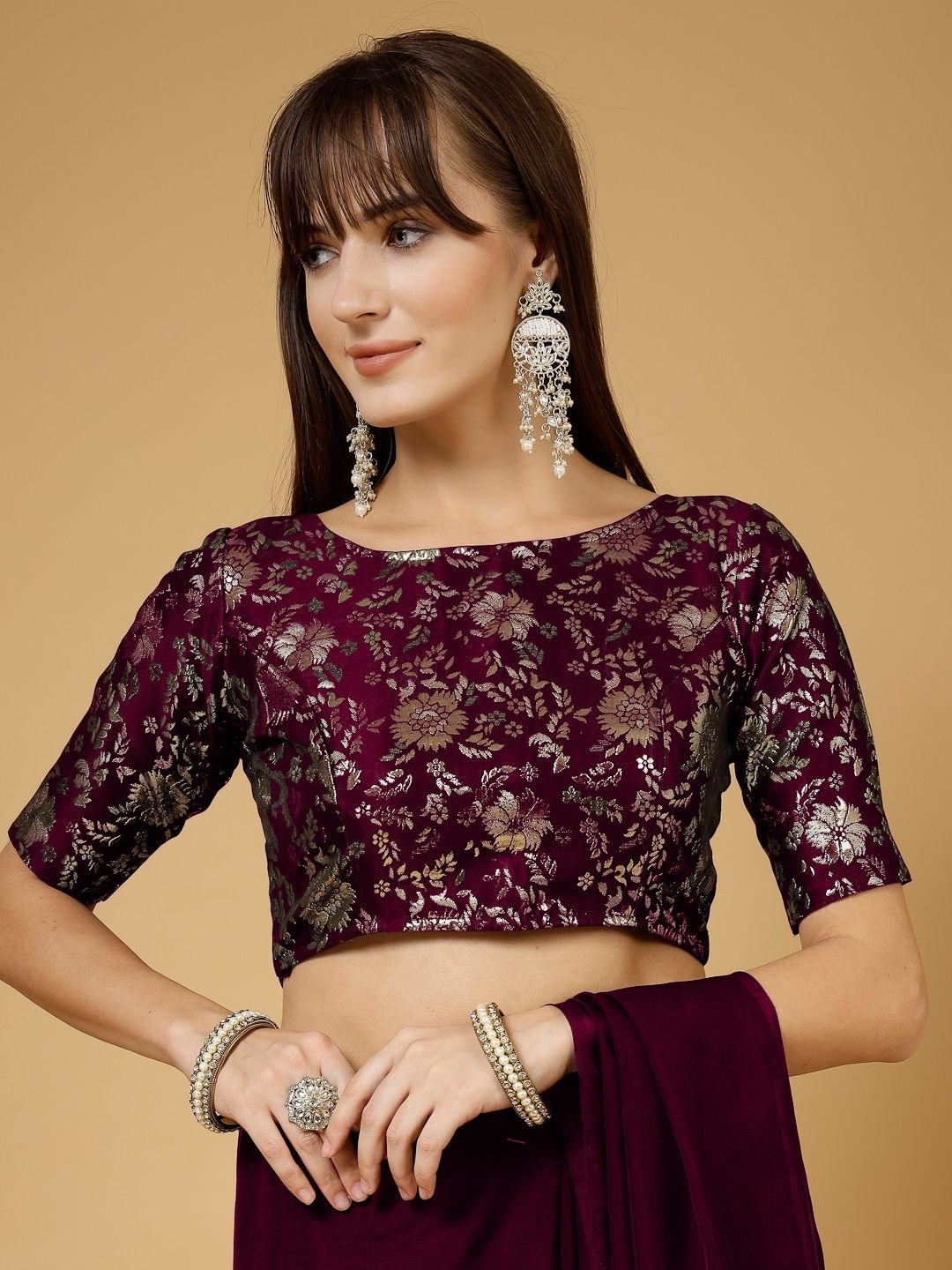 

Oomph! Woven Design Non Padded Boat Neck Saree Blouse, Purple