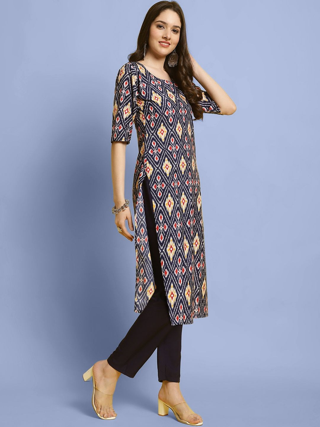 

7Threads Geometric Printed Straight Round-Neck Kurta With Trouser, Navy blue