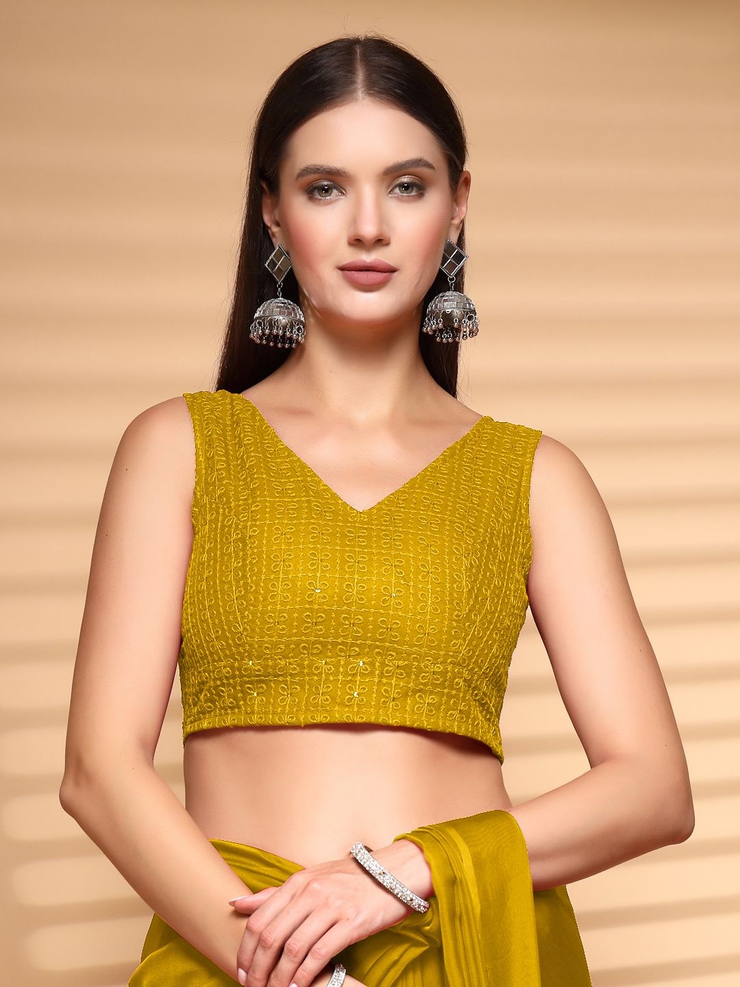 

Oomph! Non Padded Sequinned V-Neck Saree Blouse, Mustard