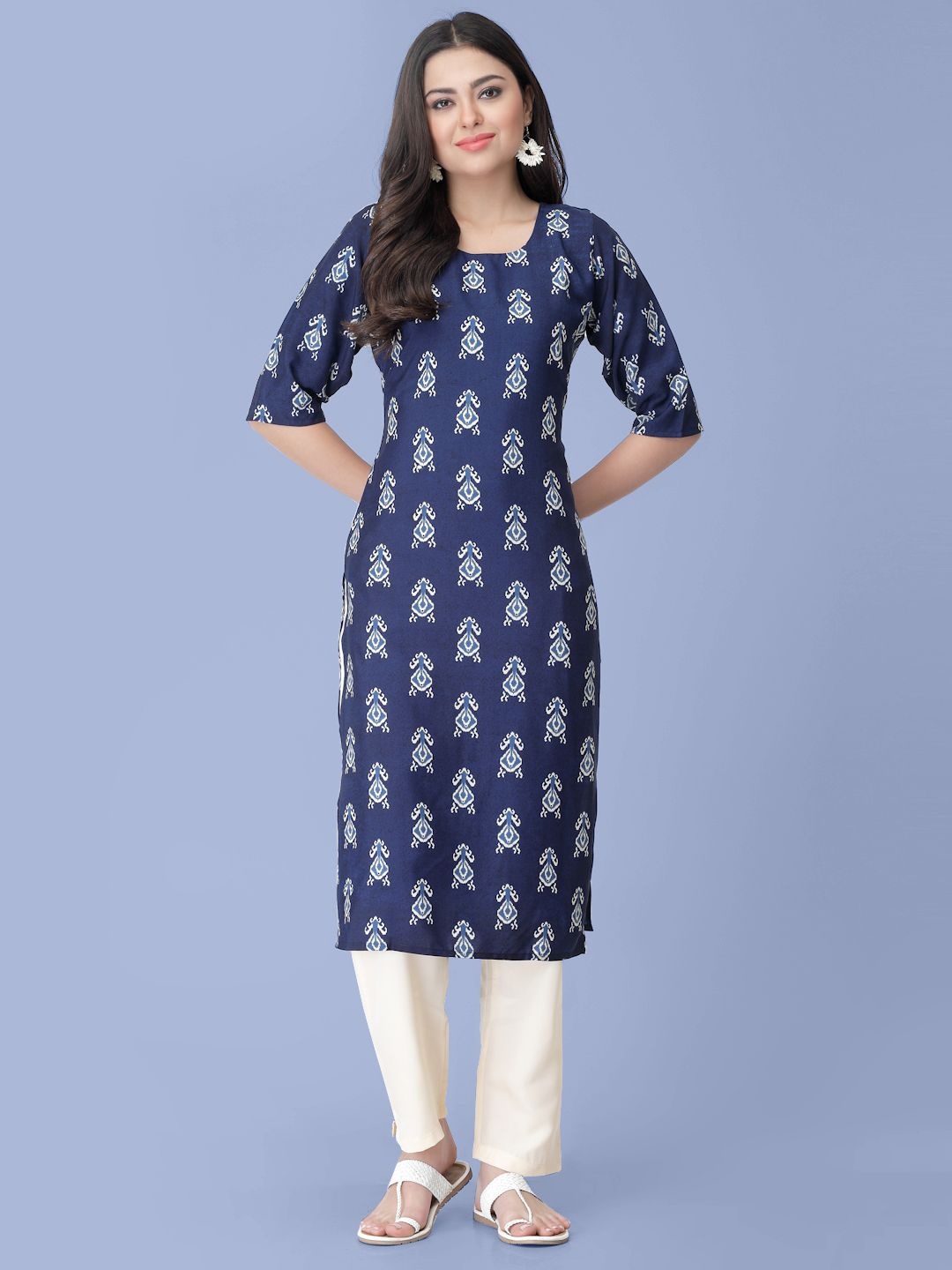 

7Threads Ethnic Motifs Printed Straight Kurta With Trousers, Navy blue