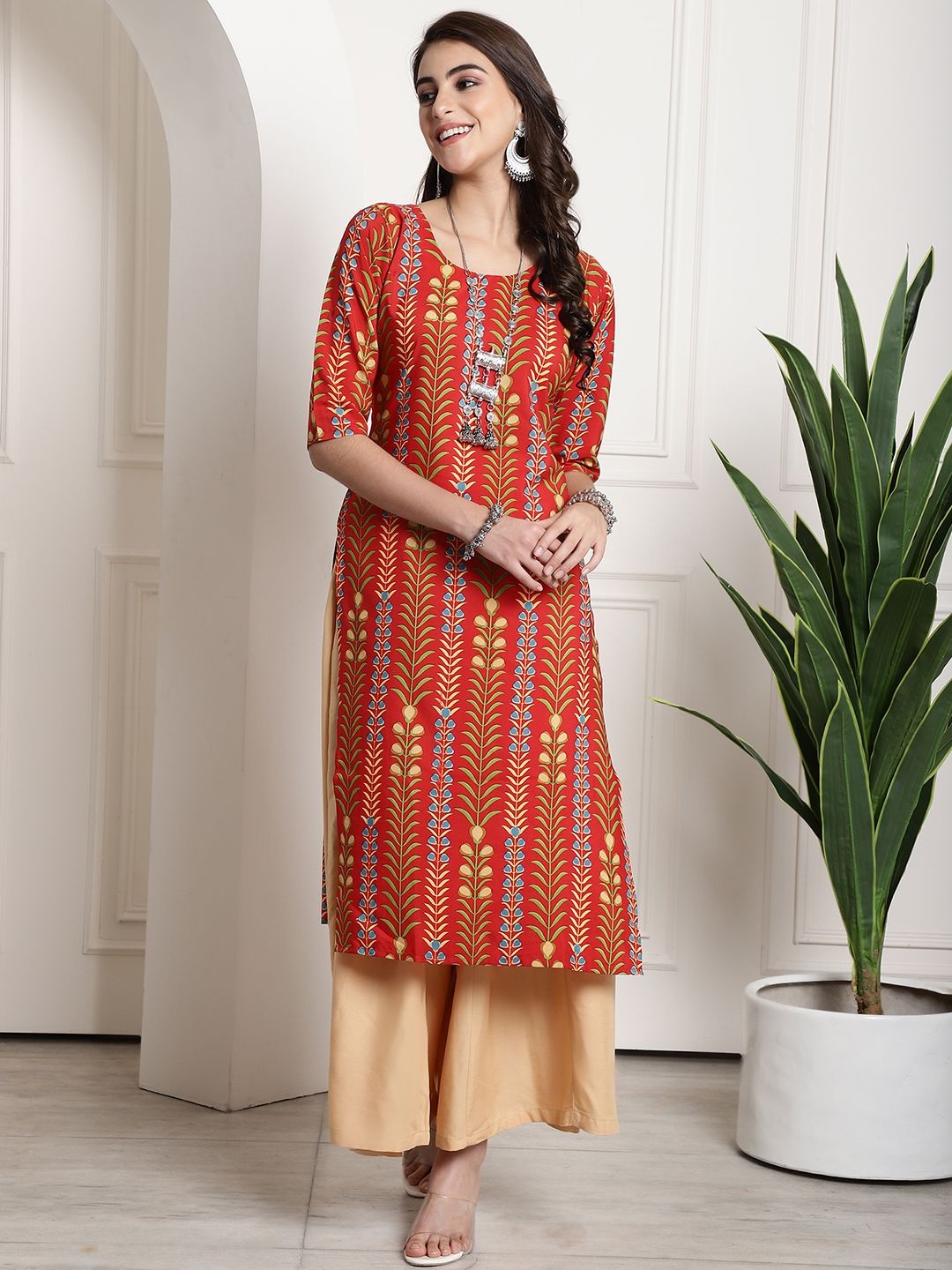 

7Threads Selection Of 6 Ethnic Motifs Printed Crepe Straight Kurtas, Orange