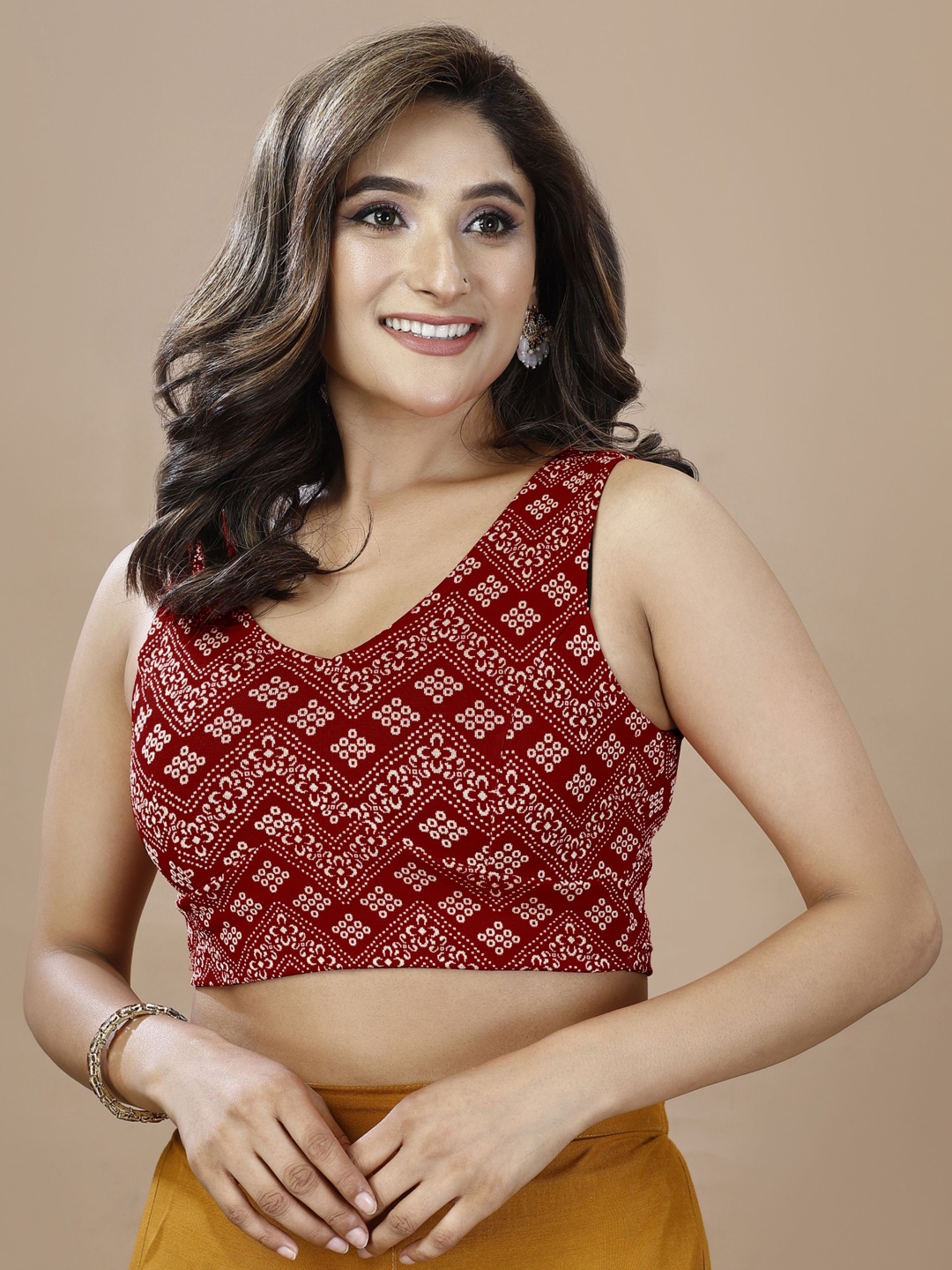 

Oomph! Printed V-Neck Saree Blouse, Red