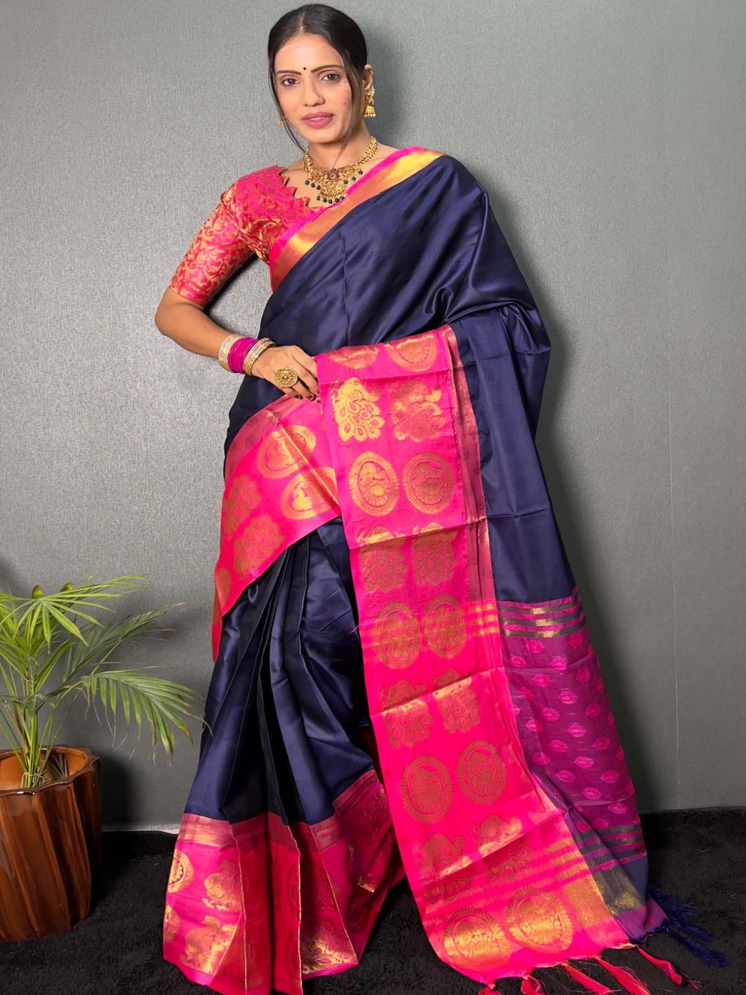 

KALINI Ready to Wear Zari Banarasi Saree, Navy blue