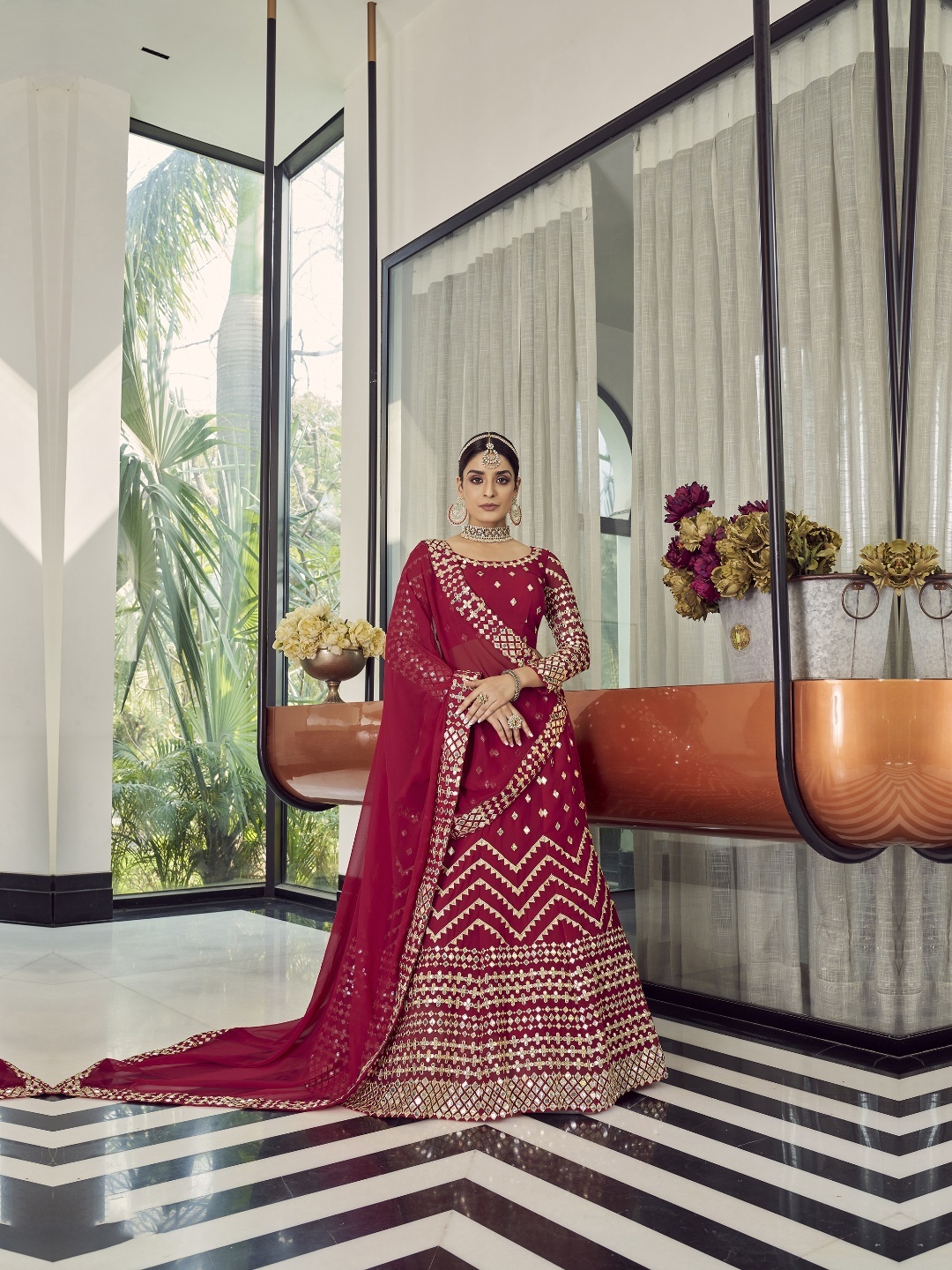 

Fusionic Embroidered Thread Work Semi-Stitched Lehenga & Unstitched Blouse With Dupatta, Red