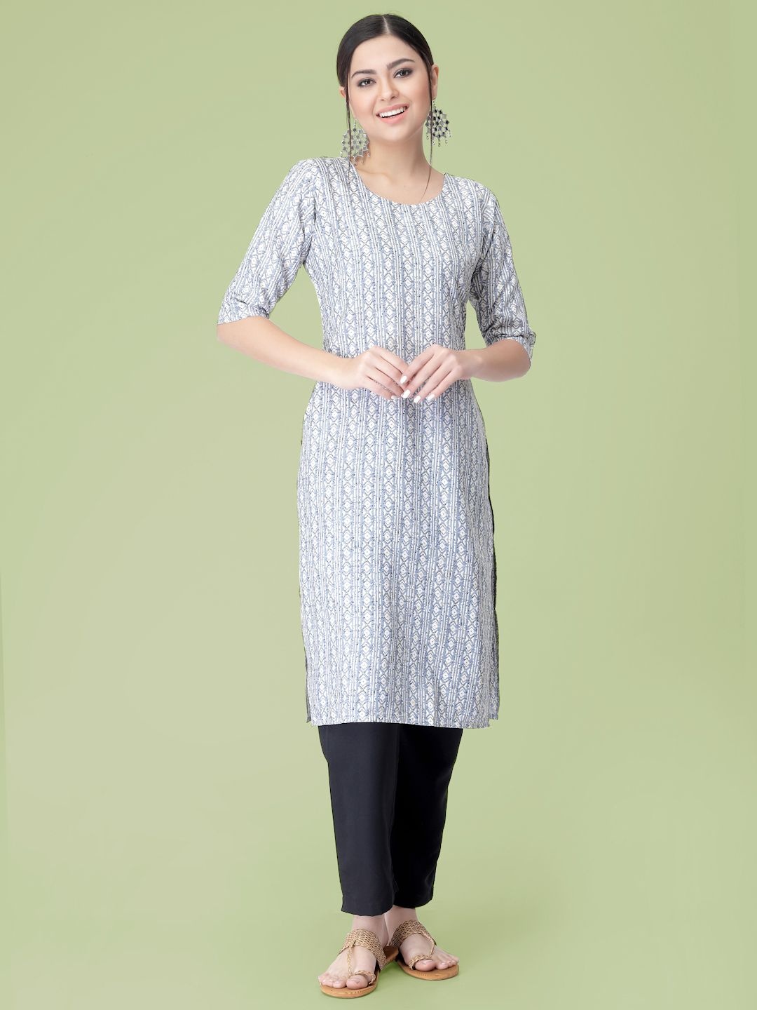 

7Threads Geometric Printed Round Neck Straight Kurta With Trousers, White