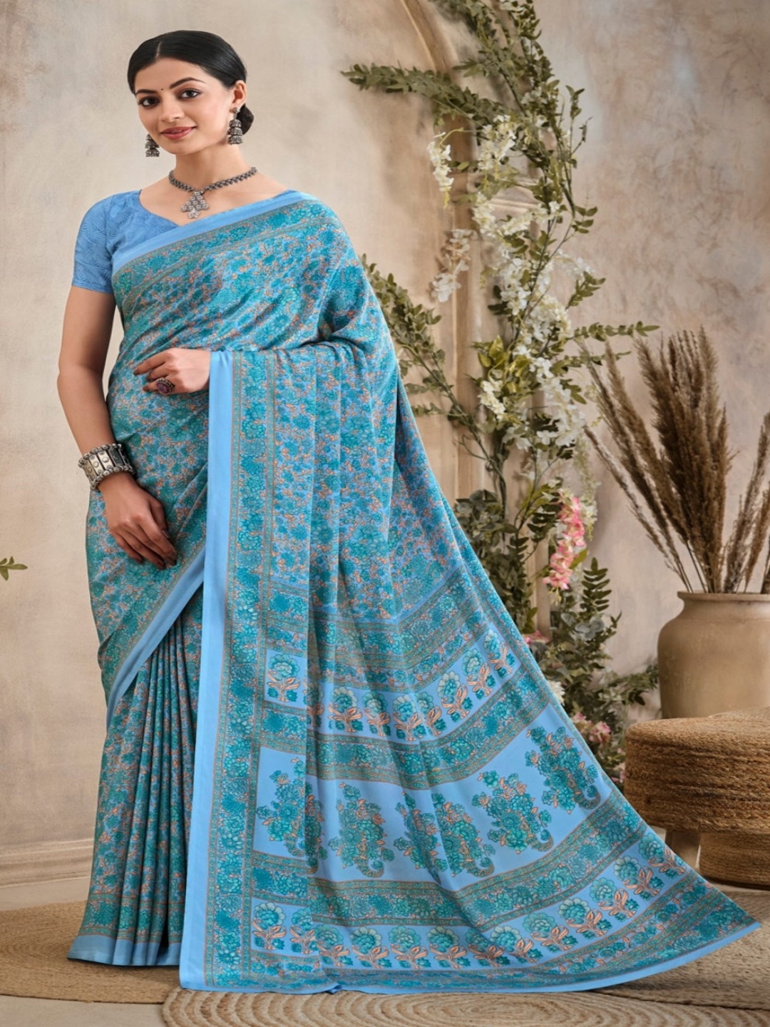 

Reboot Fashions Floral Pure Crepe Saree, Blue