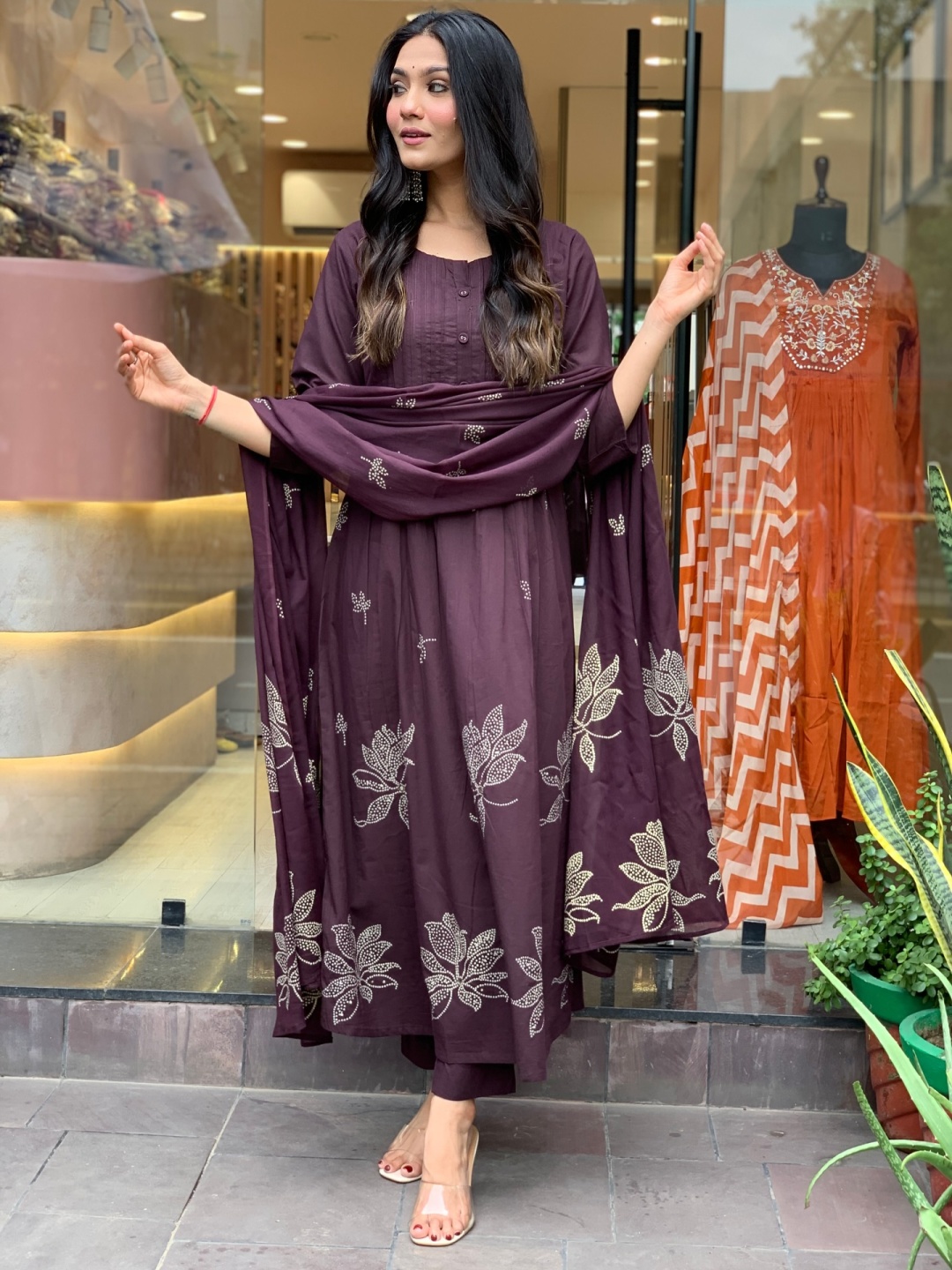 

GoSriKi Floral Printed Round Neck Anarkali Kurta With Trousers & Dupatta, Maroon