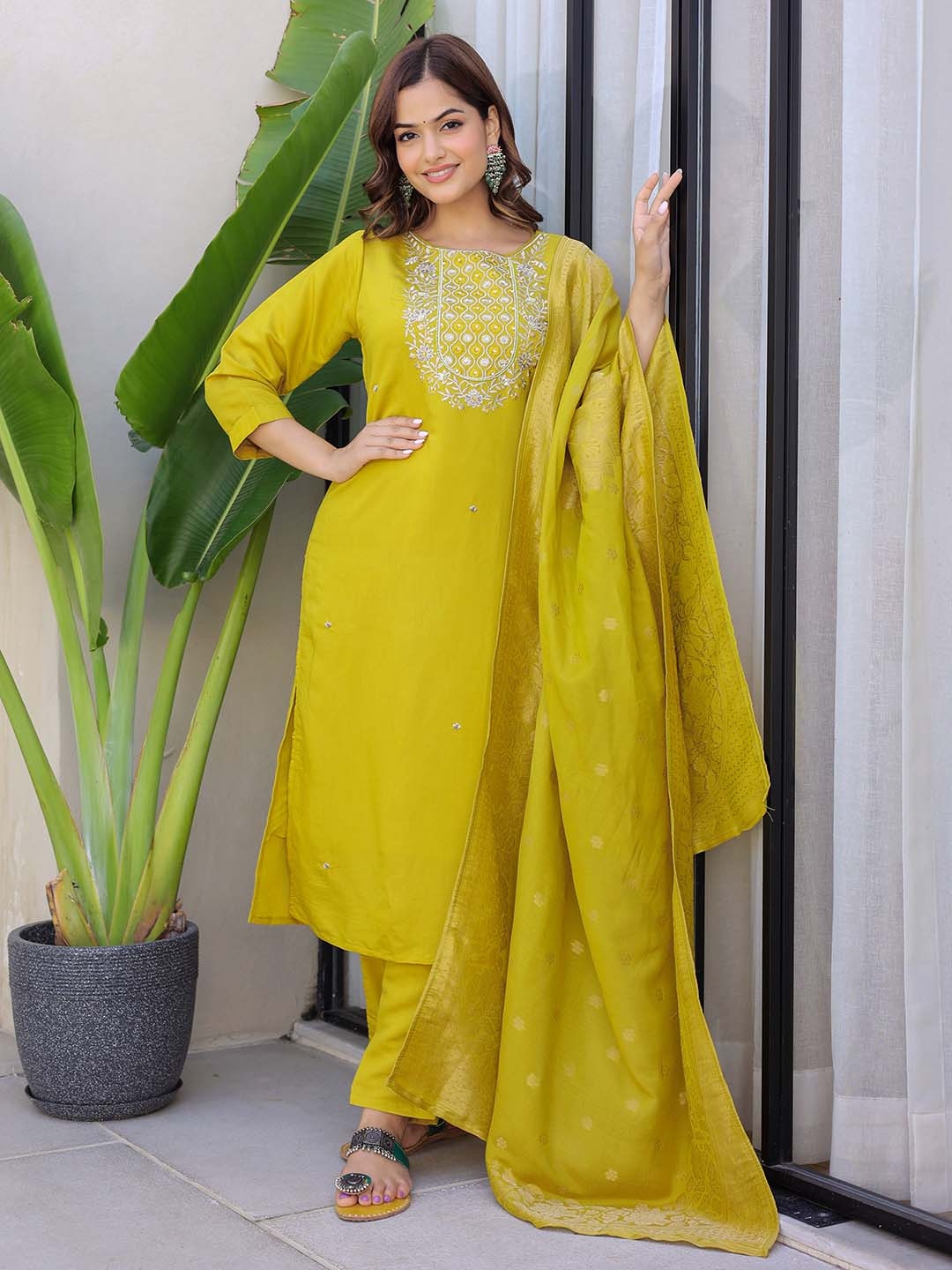 

Anouk Yellow Floral Embroidered Regular Pure Silk Kurta With Trouser With Dupatta