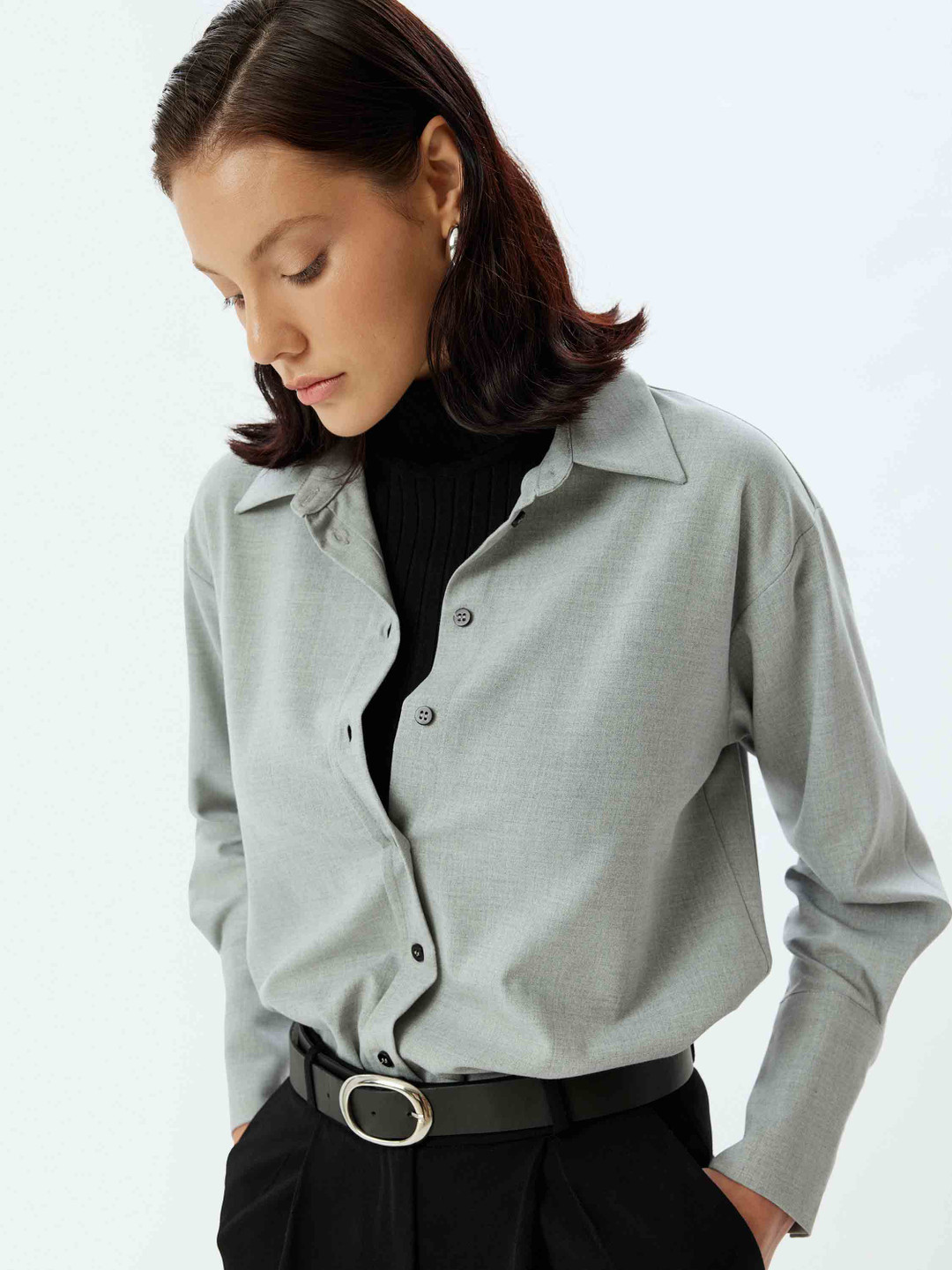 

Koton Women Solid Spread Collar Oversized Casual Shirt, Grey