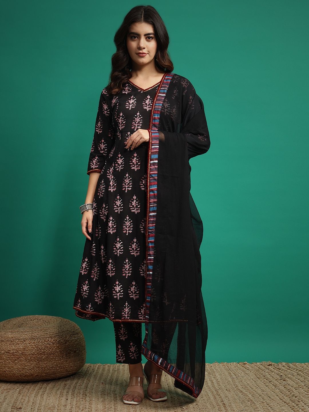 

V.S.Creation Floral Printed Pure Cotton Anarkali Kurta With Trouser & Dupatta, Black