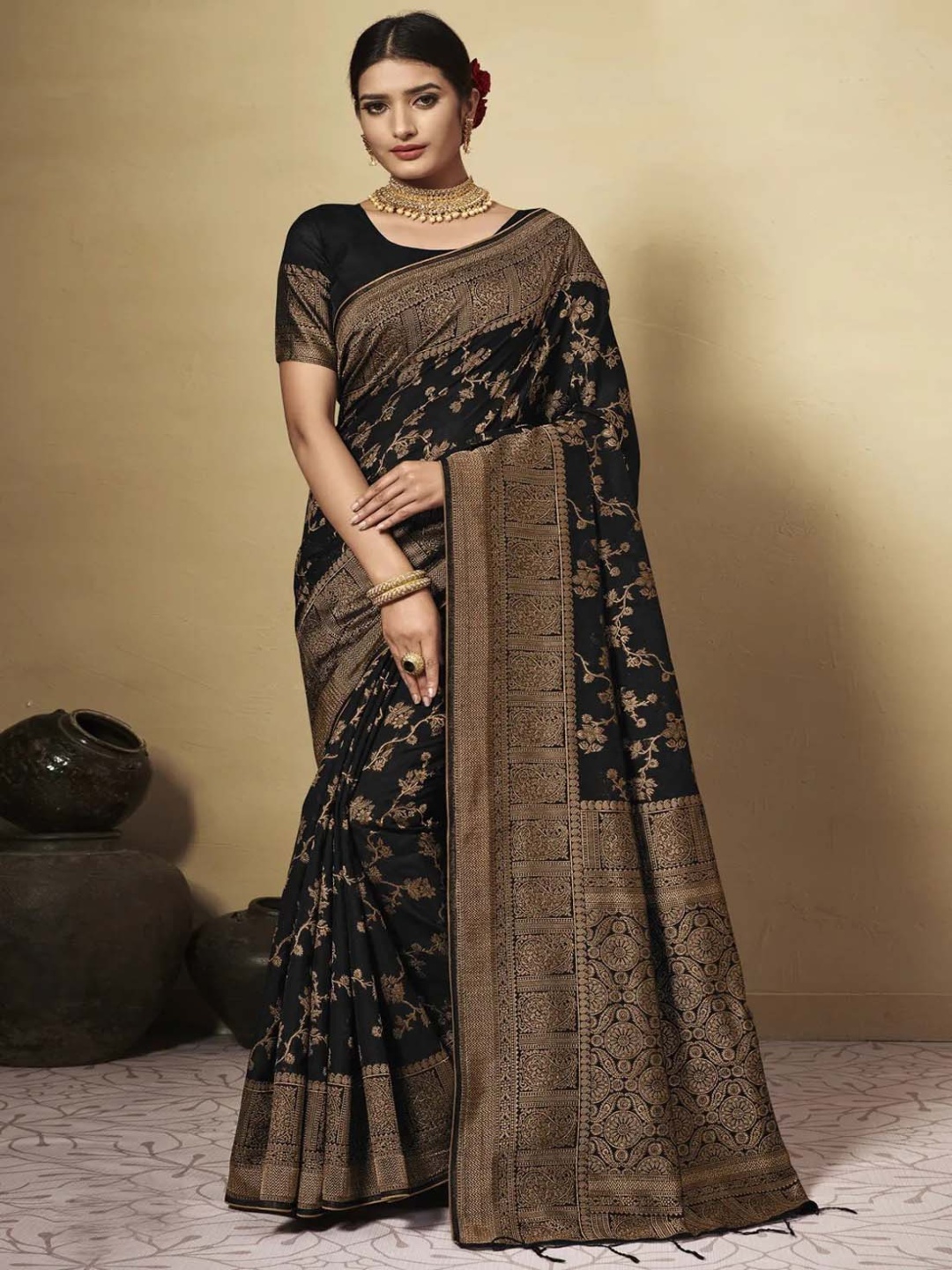 

MAHALASA Ethnic Motifs Zari Pure Cotton Ready to Wear Chanderi Saree, Black