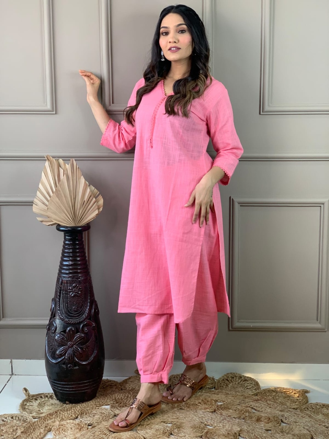 

SIJOPA V Neck Pure Cotton Straight Kurta with Trousers, Pink