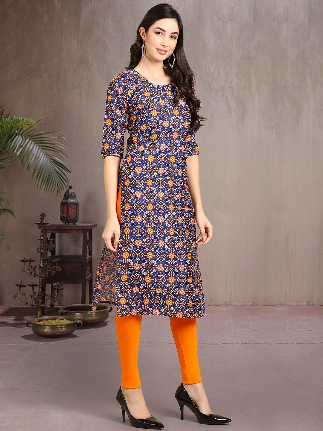 

7Threads Ethnic Motifs Printed Round Neck Straight Crepe Kurta, Blue