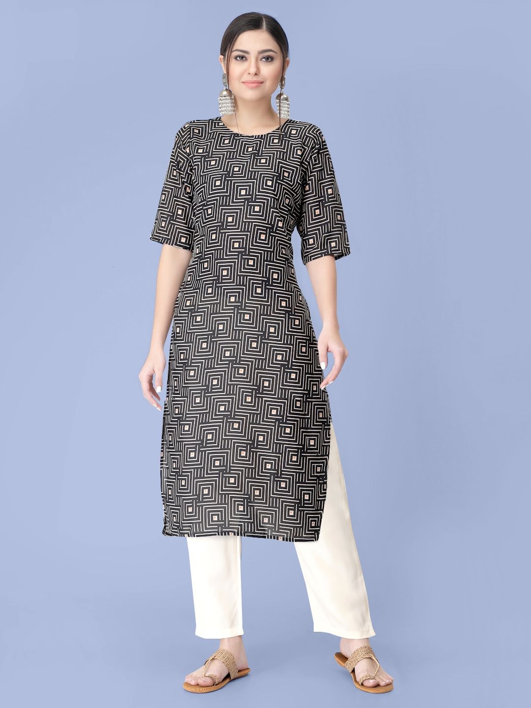 

7Threads Geometric Printed Round Neck Straight Kurta With Trousers, Black