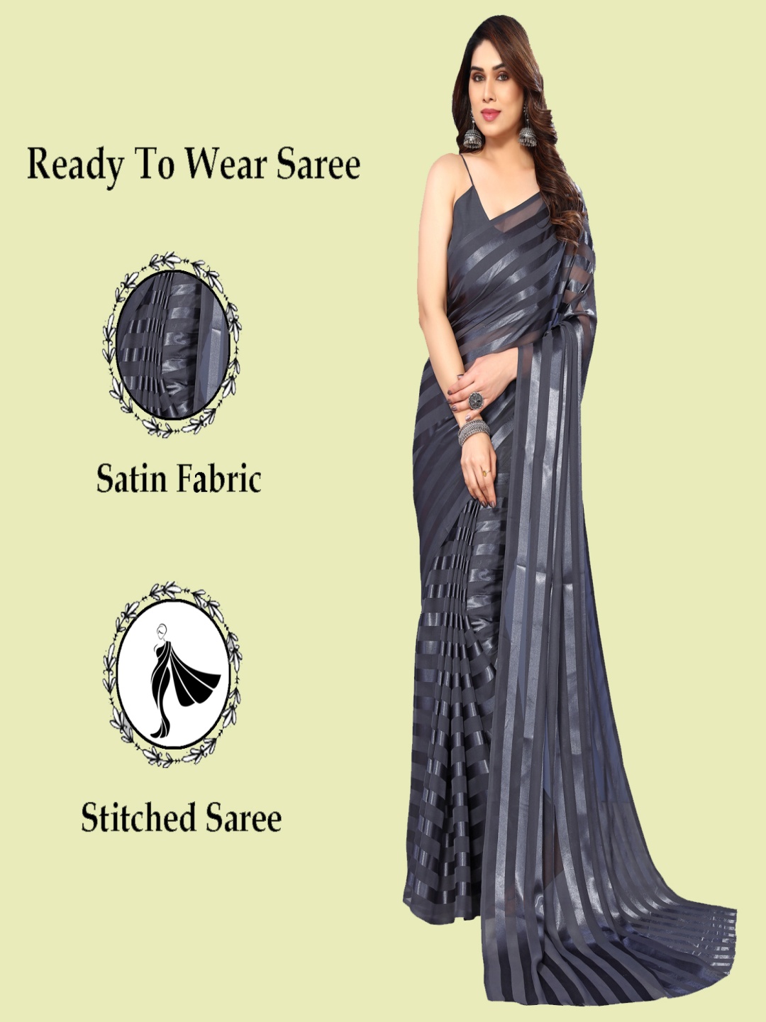 

ANAND SAREES Striped Satin Saree, Grey