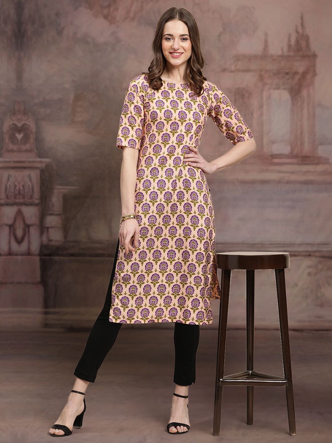 

7Threads Ethnic Motifs Printed Round Neck Straight Kurta, Beige