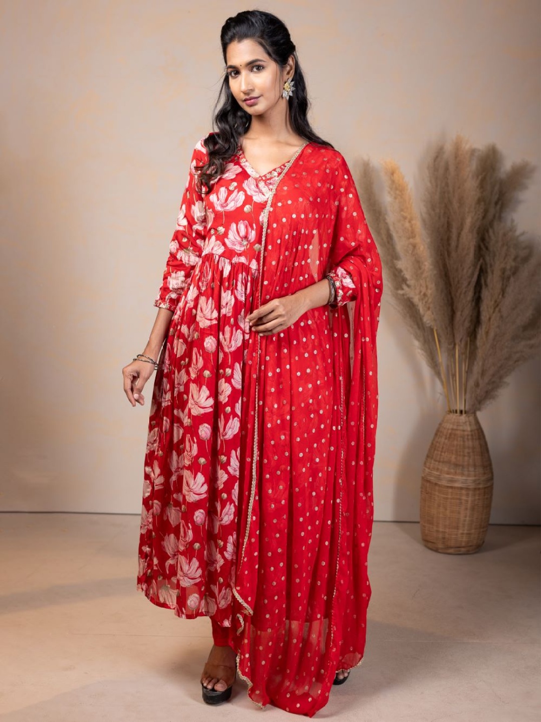 

Vinya Floral Printed Empire Anarkali Kurta with Trousers & Dupatta, Red