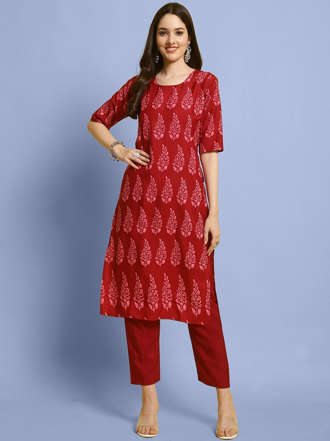 

7Threads Ethnic Motifs Printed Round Neck Straight Kurta With Trousers, Pink