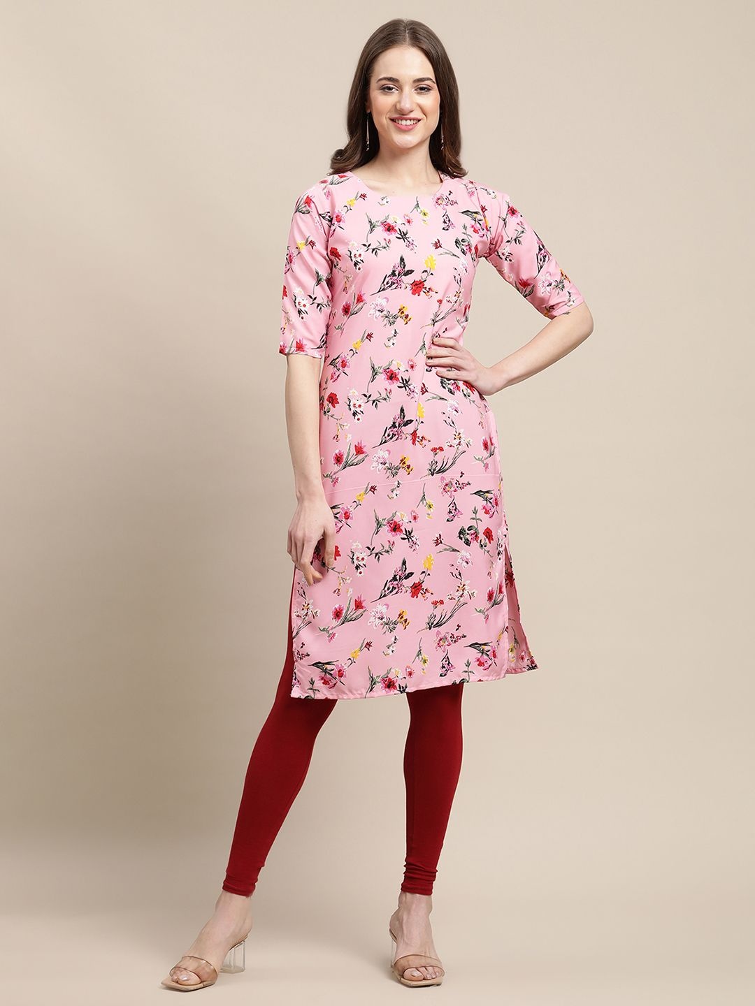 

7Threads Selection of 4 Floral Printed Crepe Straight Kurtas, Pink