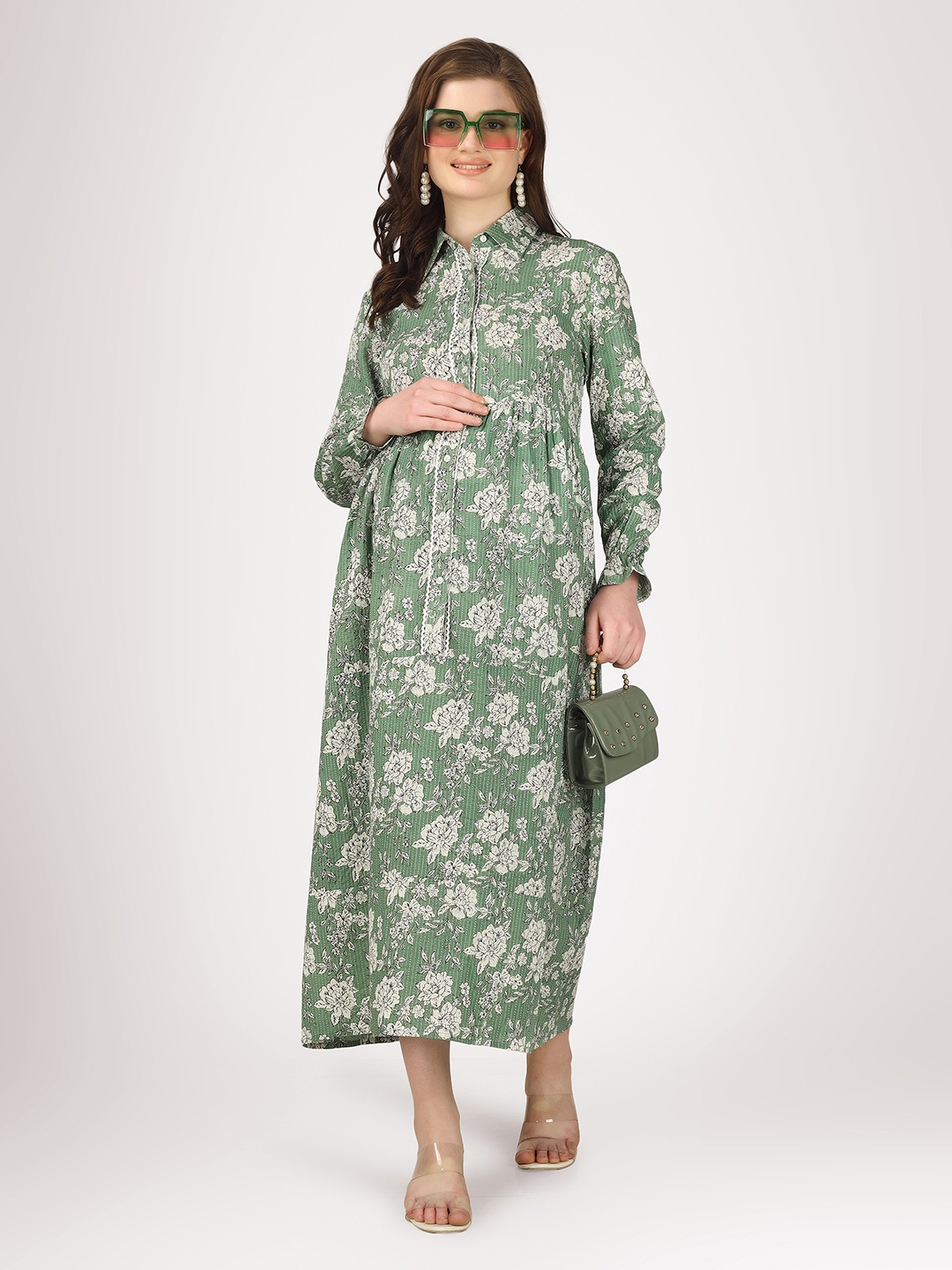

angloindu Floral Printed Maternity Pure Cotton Maxi Dress, Green