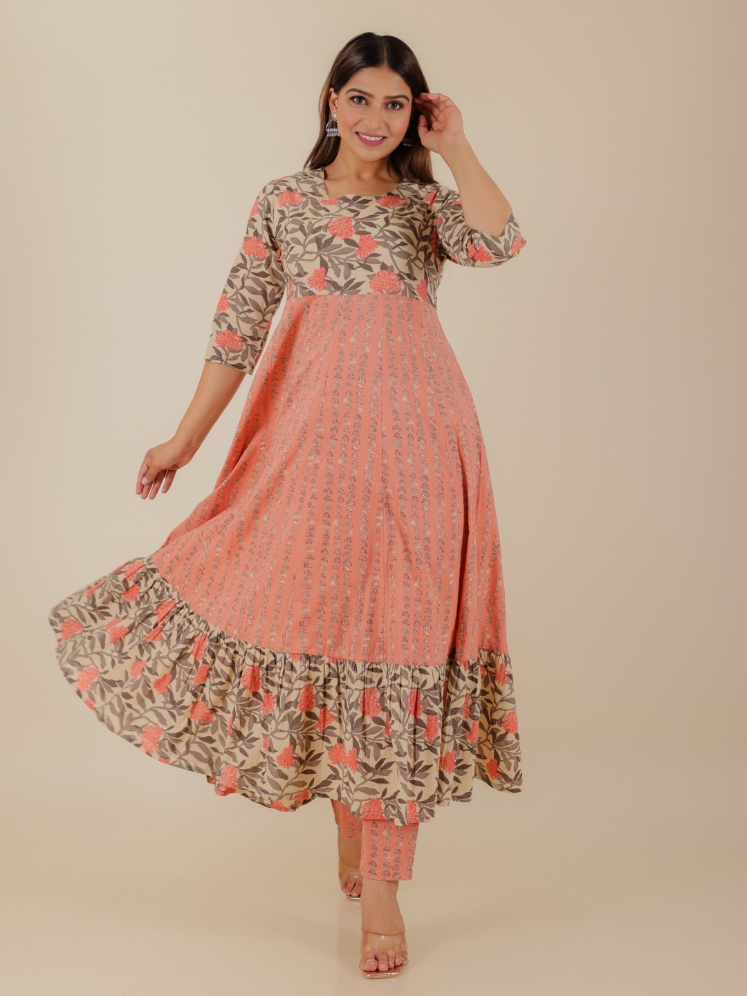 

Aramya Floral Printed Panelled Soft Cotton Anarkali Kurta With Trousers, Orange
