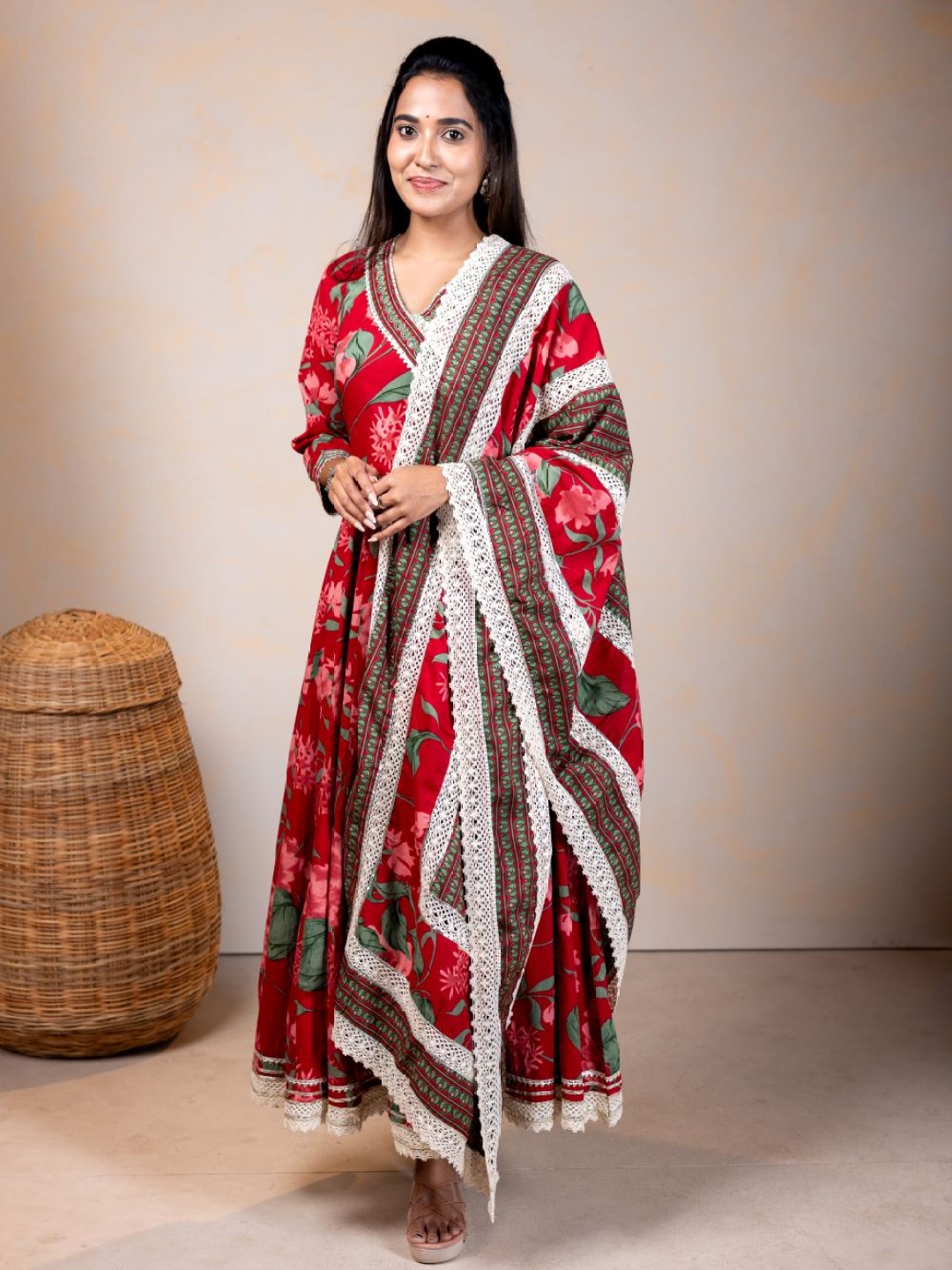 

Swishchick Floral Printed Angrakha Pure Cotton Lace Gown With Dupatta, Red