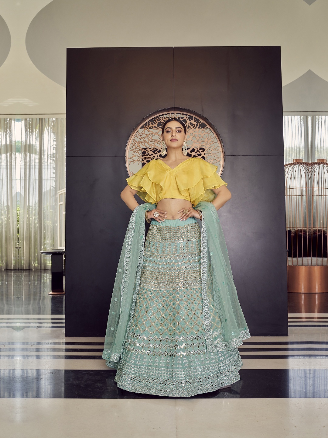 

Fusionic Embroidered Mirror Work Semi-Stitched Lehenga & Unstitched Blouse With Dupatta, Turquoise blue