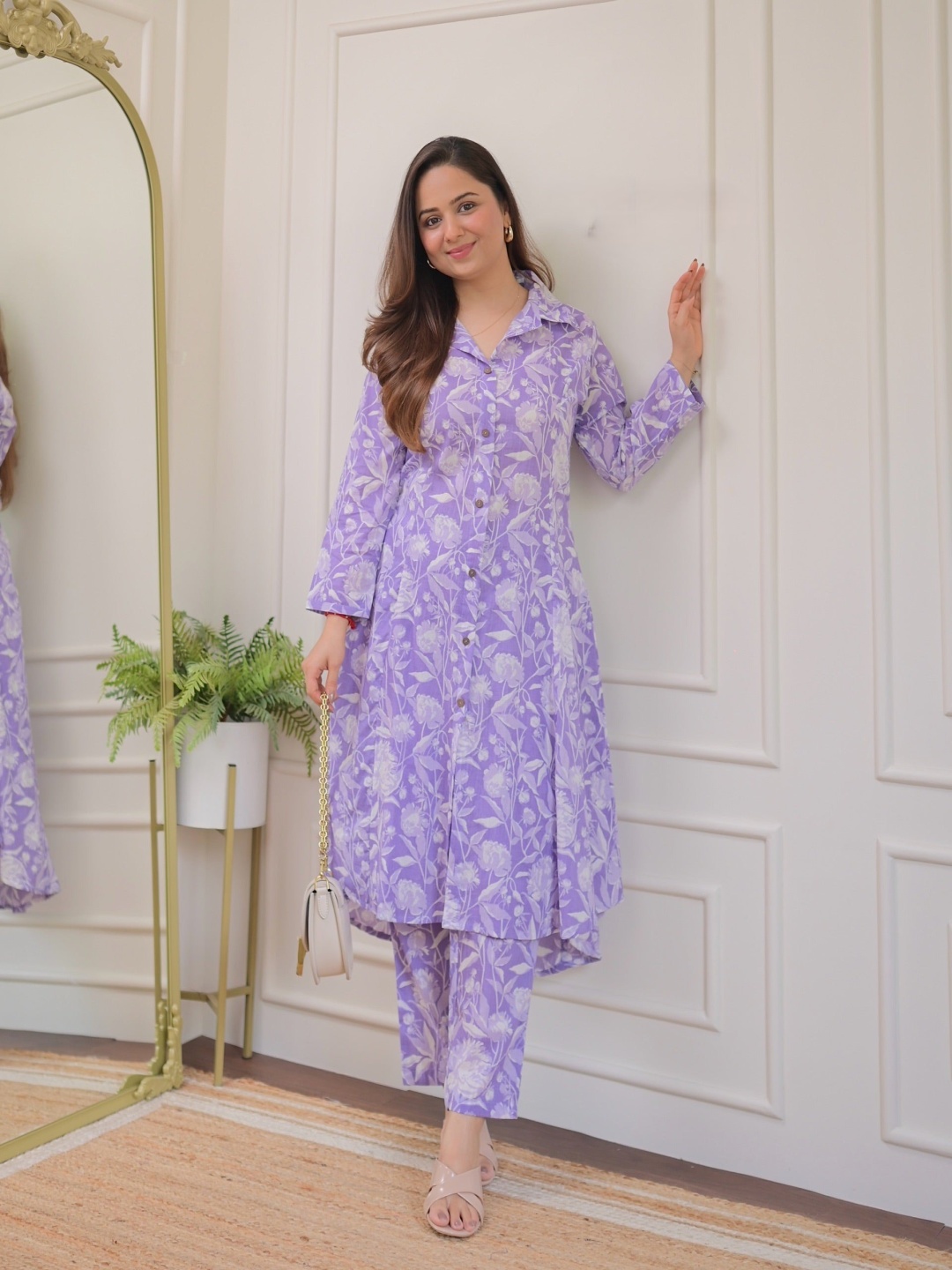 

SIJOPA Floral Printed Shirt Collar A-Line Kurta With Palazzo, Purple