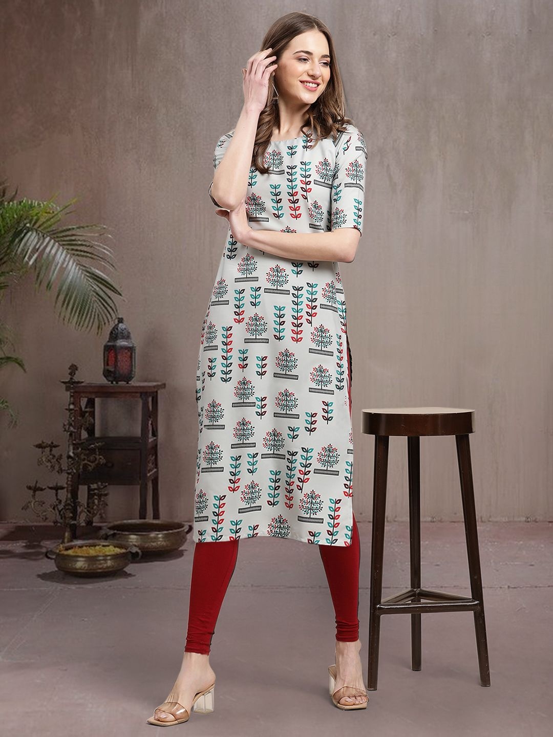 

7Threads Ethnic Motifs Printed Crepe Straight Kurta, Grey