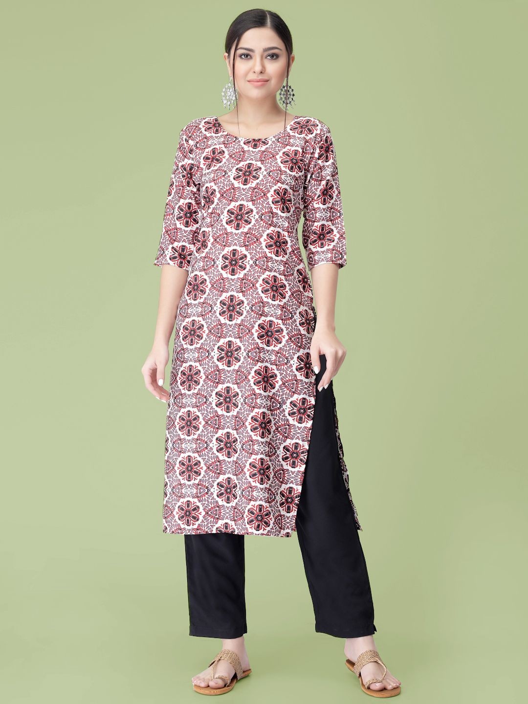 

7Threads Ethnic Motifs Printed Round Neck Straight Kurta With Trousers, White