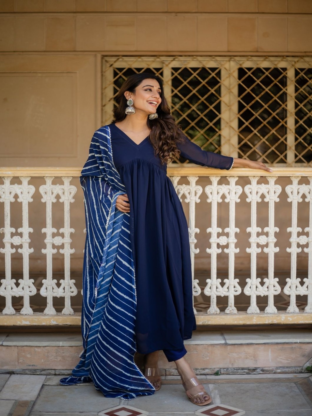 

BYUTIFY V-Neck Anarkali Georgette Kurta With Trousers And Dupatta, Navy blue