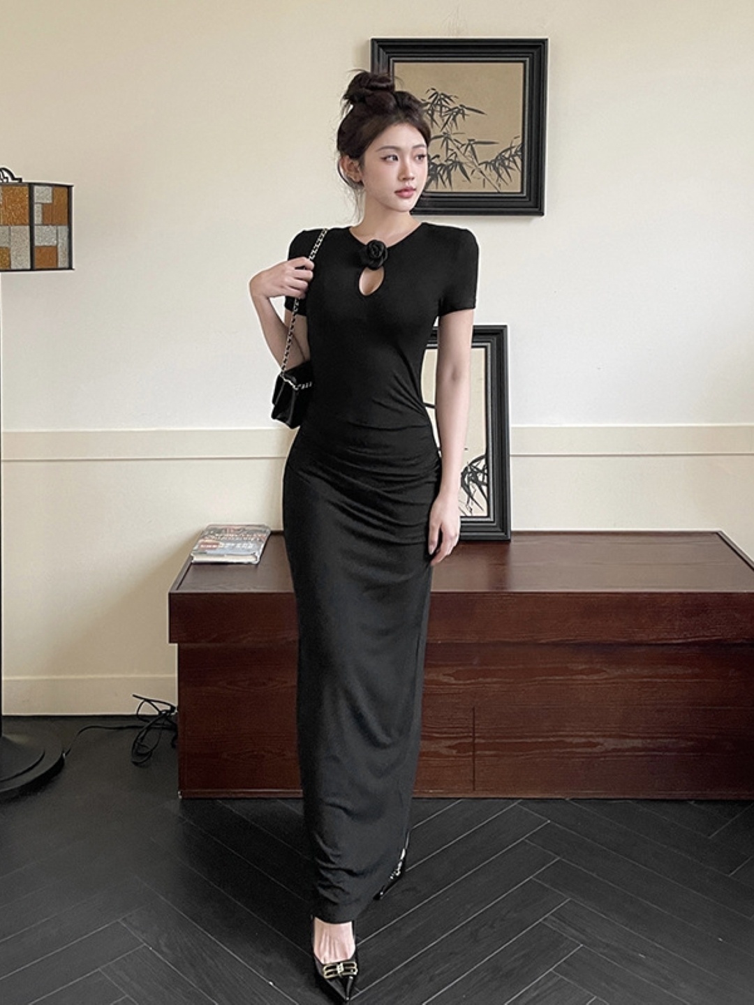 

KPOP Women Solid Keyhole Neck Bodycon Maxi Dress, Black