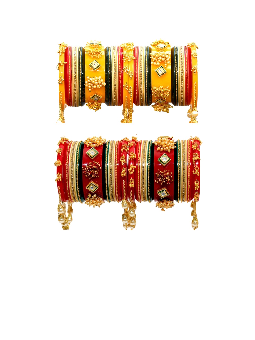 

Zindura Set Of 4 Gold-Plated Stone Studded & Beaded Chudas Bangles, Yellow