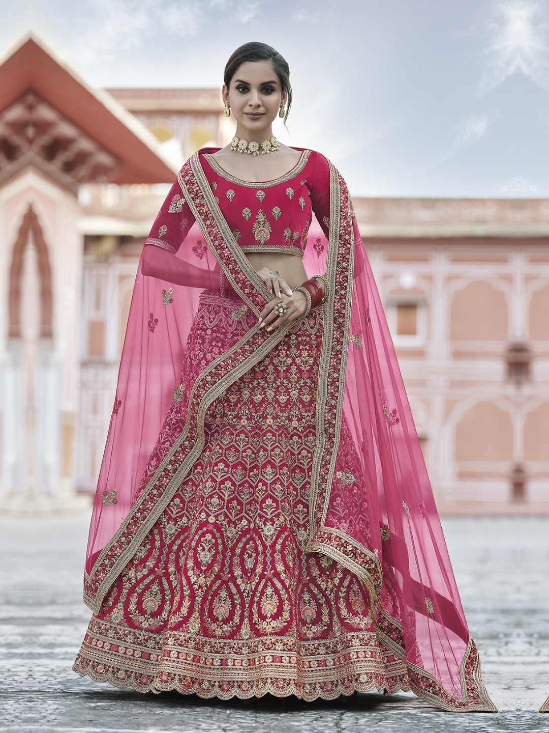 

Fusionic Embroidered Velvet Semi-Stitched Lehenga & Unstitched Blouse With Dupatta, Pink