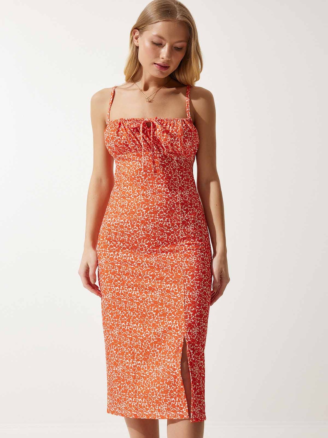 

Happiness istanbul Floral Printed Sheath Midi Dress, Orange