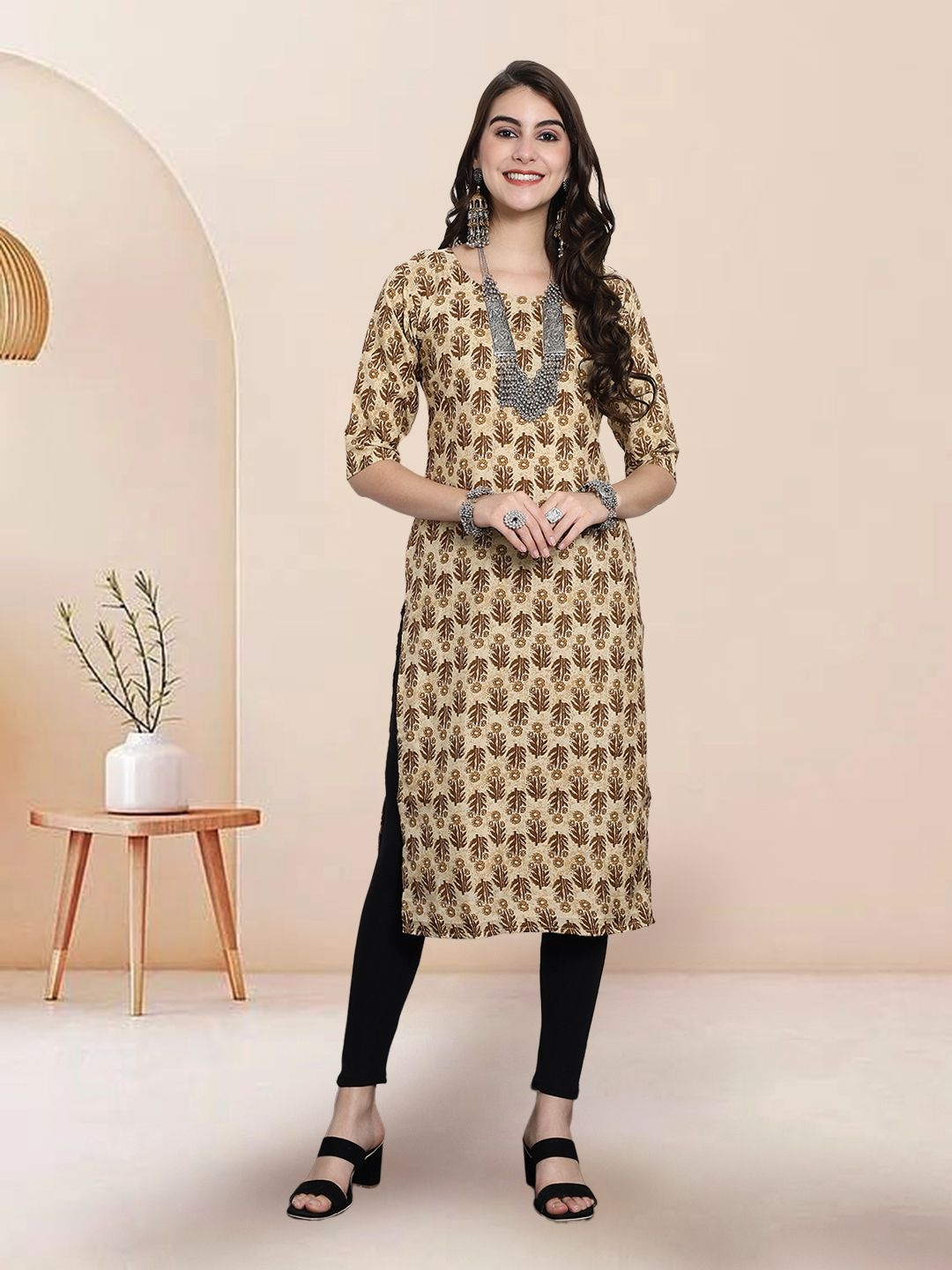 

7Threads Ethnic Motifs Printed Round Neck Straight Kurta, Beige