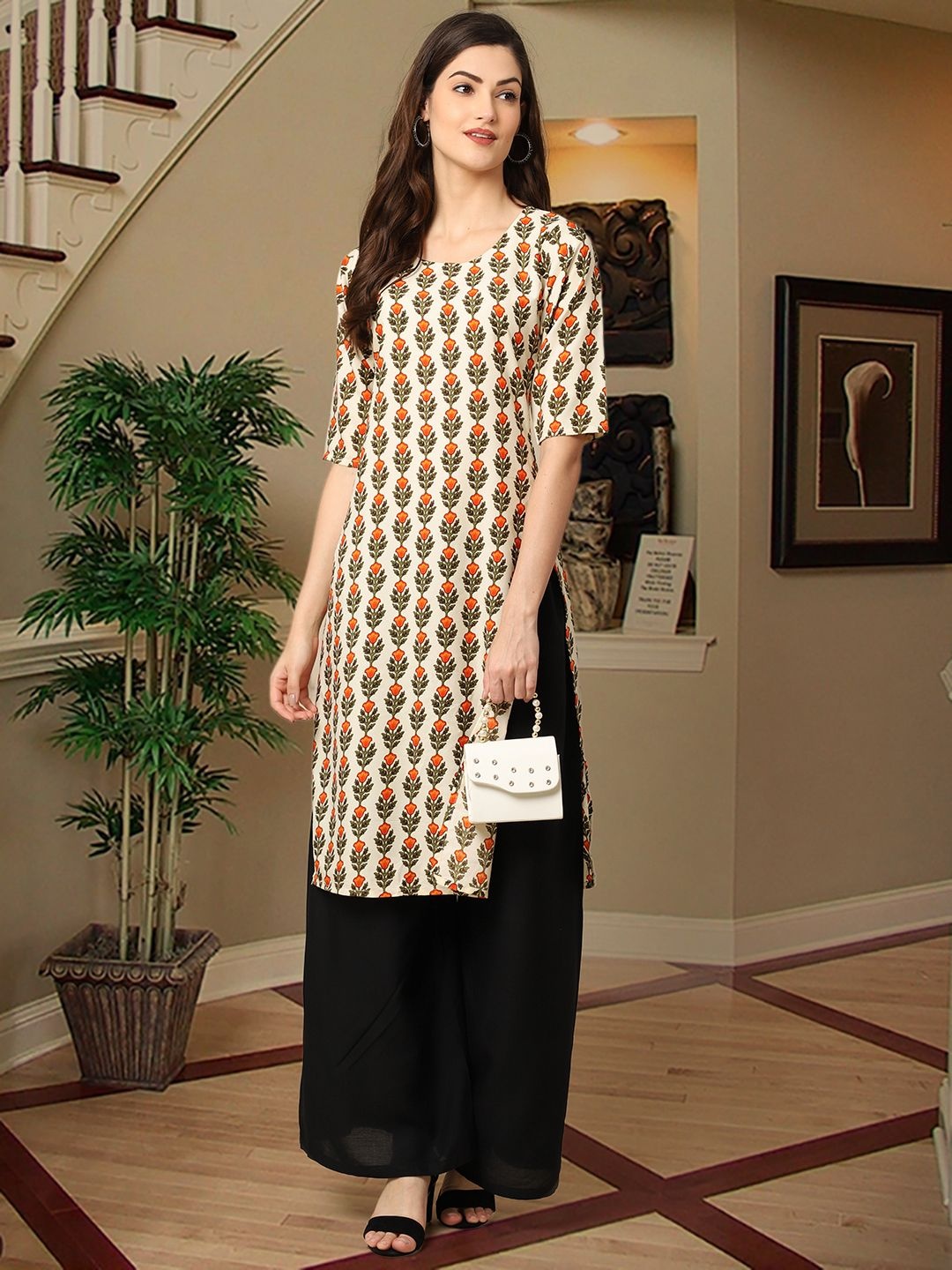 

7Threads Ethnic Motifs Printed Round Neck Straight Kurta, White