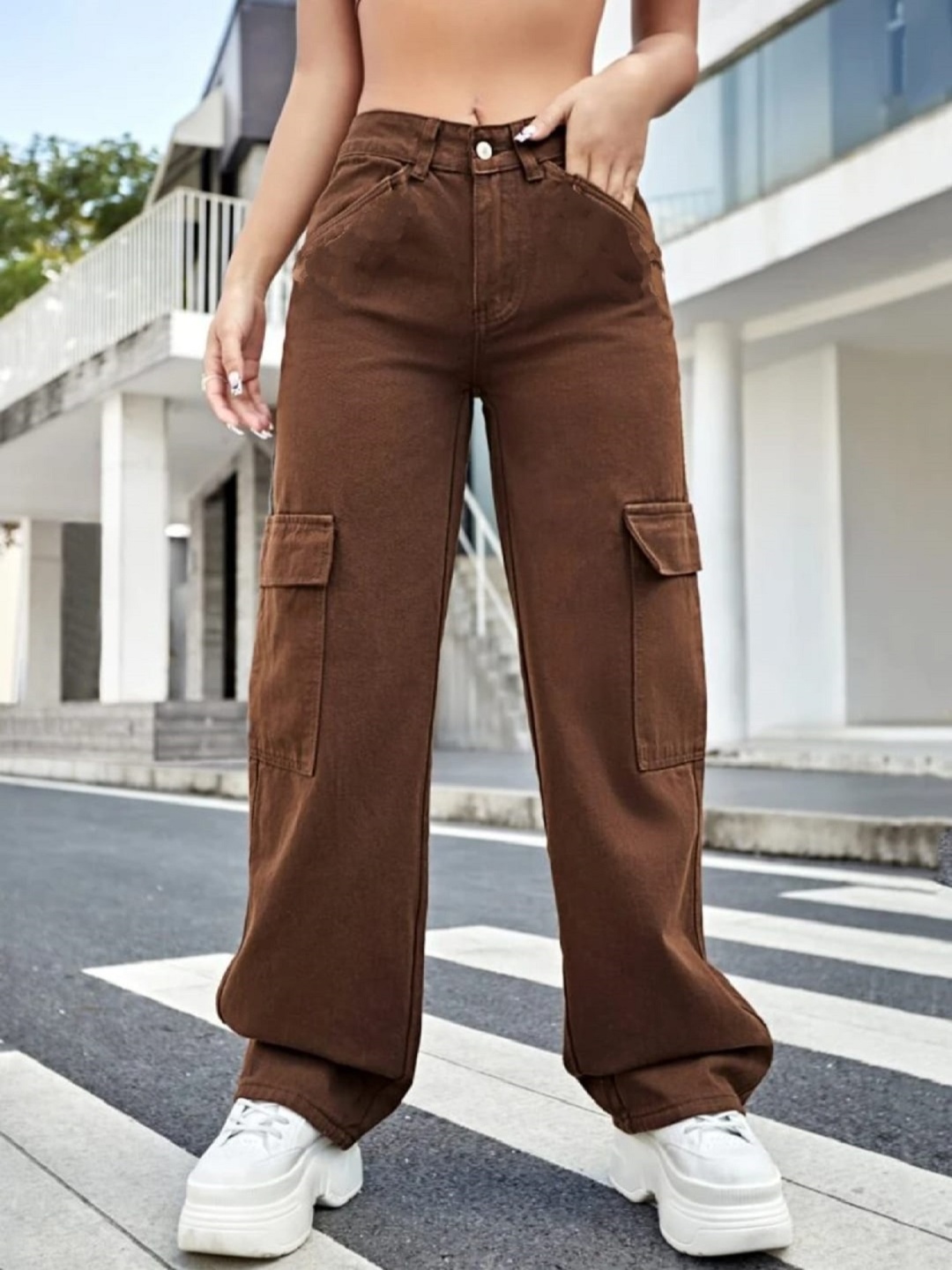 

Perfect Outlet Women High Waist Straight Fit Cargo Denim Jeans, Brown