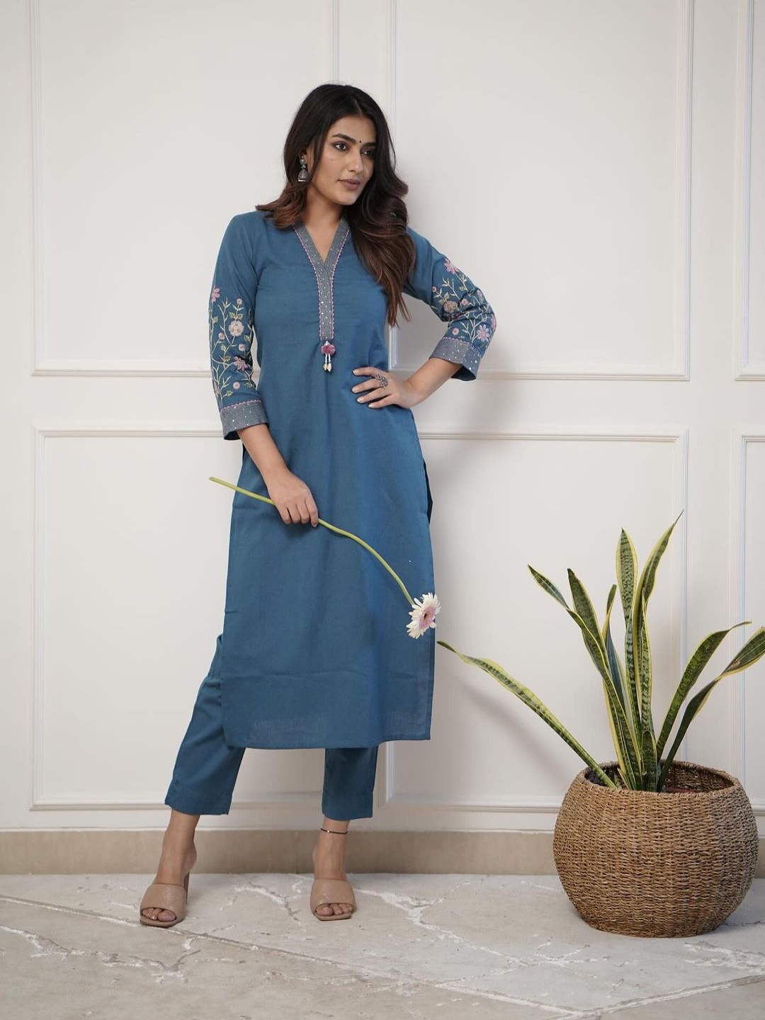 

KALINI Embroidered Mirror Work Straight Kurta with Trousers & With Dupatta, Blue