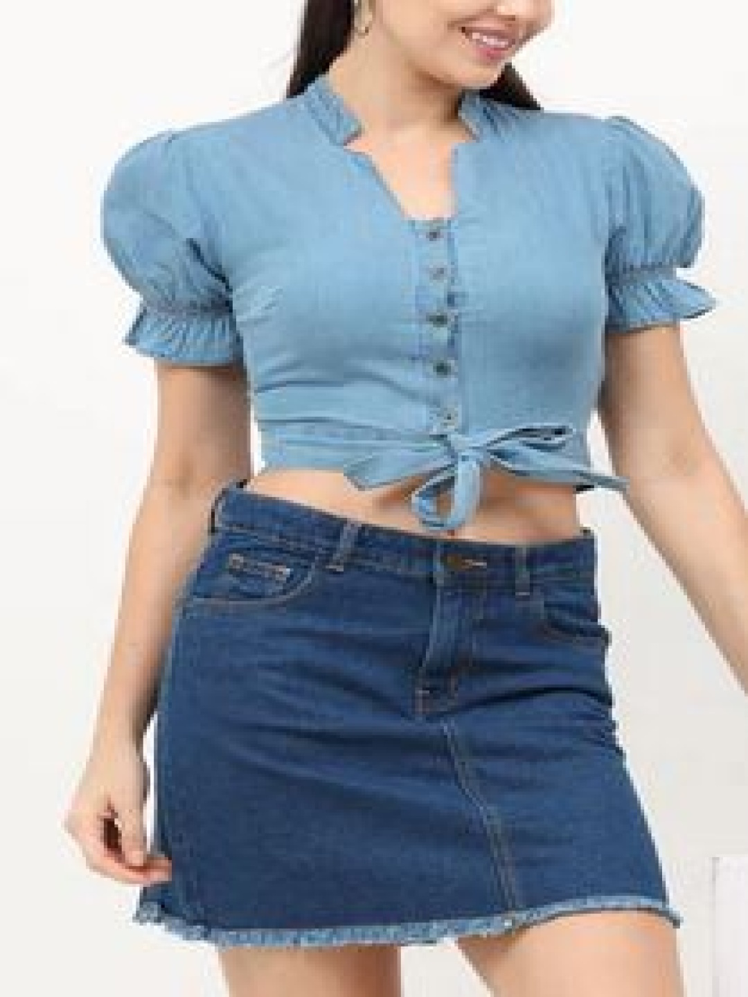 

URBAN POCHE Women Cotton Shirt Collar Cuffed Sleeve Crop Top, Blue