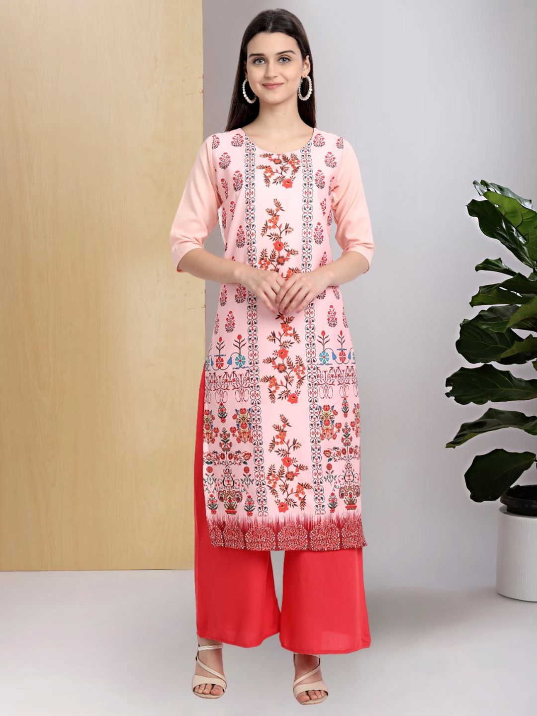 

7Threads Ethnic Motifs Printed Round Neck Straight Kurta, Pink