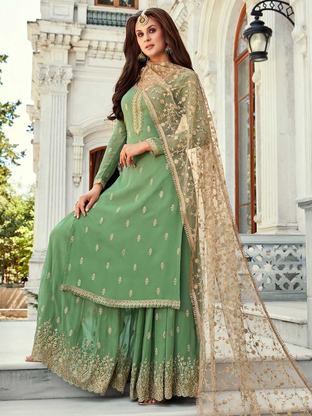

cbazaar Floral Embroidered Straight Kurta with Sharara & Dupatta, Green