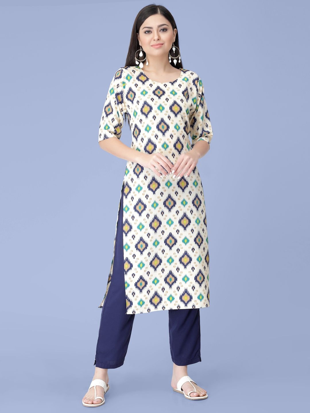 

7Threads Ethnic Motifs Printed Round Neck Straight Kurta with Trouser, White