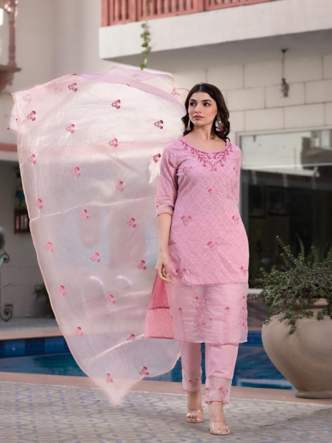 

FLAVIA CREATION Floral Embroidered Pure Cotton Kurta With Trousers & Dupatta, Pink