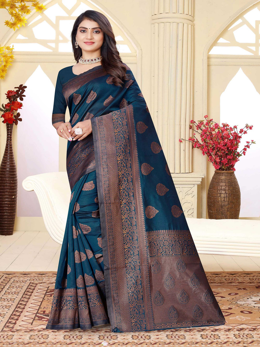 

QENY Ethnic Motifs Zari Banarasi Saree, Blue