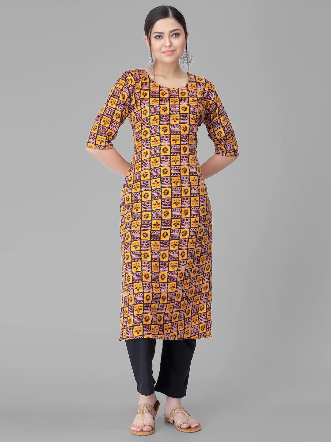 

7Threads Ethnic Motifs Printed Round Neck Straight Kurta With Trousers, Yellow