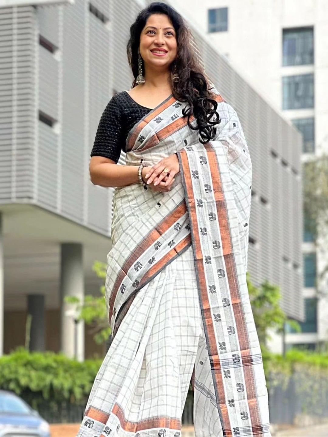 

bansari textiles Checked Zari Kanjeevaram Saree, White